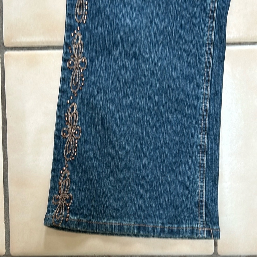 Cos Women’s Denim Y2K Boho Hippie Studded Embroidered Bootcut Blue Jeans Sz 12P - Picture 10 of 16